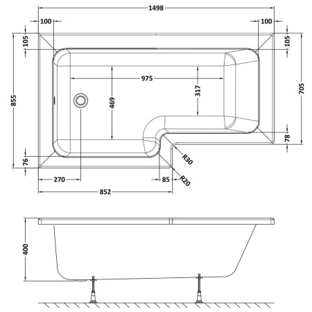 WBS1585L Nuie Square Left Hand 1500 x 850mm Shower Bath Line Drawing