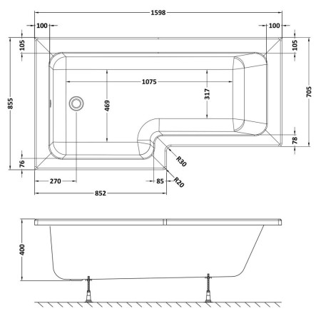 WBS1685L Nuie Square Left Hand 1600 x 850mm Shower Bath Line Drawing