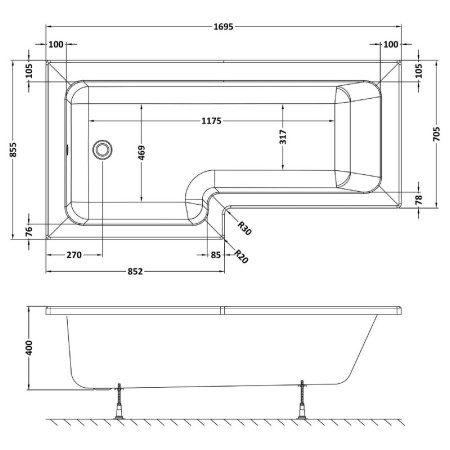 WBS1785L Nuie Square Left Hand 1700 x 850mm Shower Bath Line Drawing