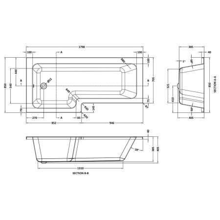 NSK801S Nuie Square Left Hand 1800 x 850mm Shower Bath Line Drawing