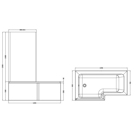 SBATH28 Nuie Square Left Handed 1500 x 850mm Shower Bath Set Line Drawing