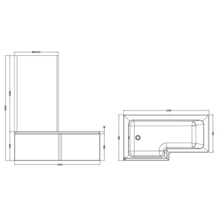SBATH13 Nuie Square Left Handed 1600mm Shower Bath Set Line Drawing