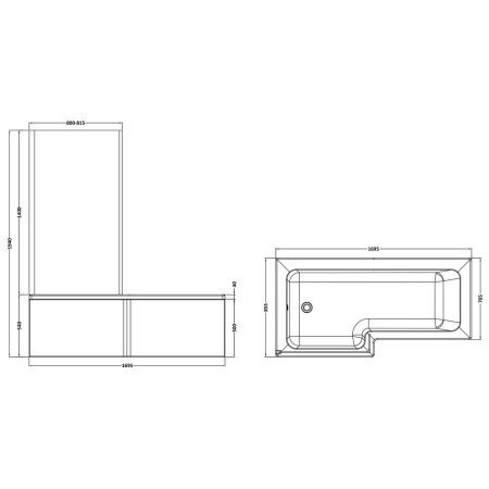 SBATH05 Nuie Square Left Handed 1700 x 850mm Shower Bath Set Line Drawing