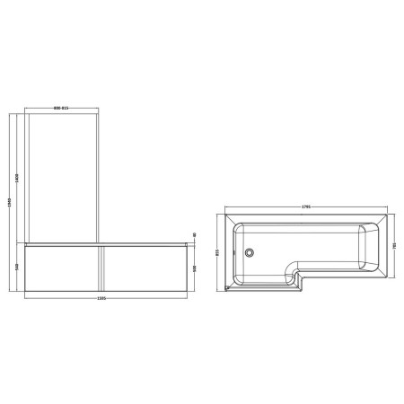 SBATH15 Nuie Square Left Handed 1800mm Shower Bath Set Line Drawing