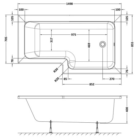 WBS1585R Nuie Square Right Hand 1500 x 850mm Shower Bath Line Drawing
