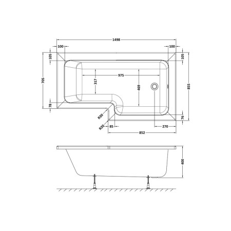 WBS1585R Nuie Square Right Hand 1500 x 850mm Shower Bath Line