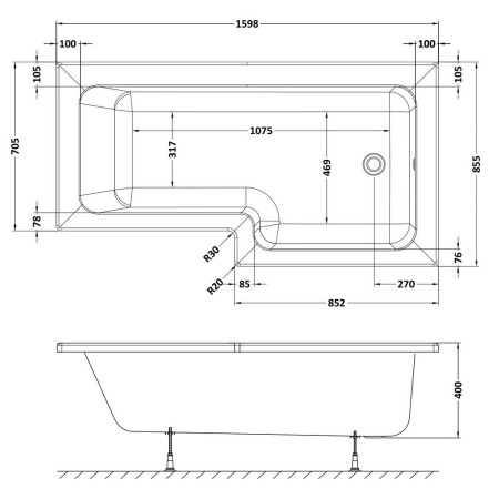WBS1685R Nuie Square Right Hand 1600 x 850mm Shower Bath Line Drawing