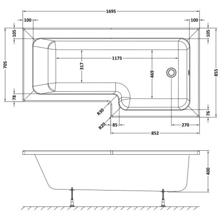 WBS1785R Nuie Square Right Hand 1700 x 850mm Shower Bath Line Drawing