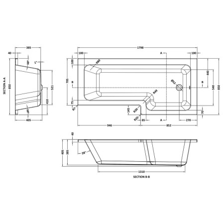 NSK802S Nuie Square Right Hand 1800 x 850mm Shower Bath (2)
