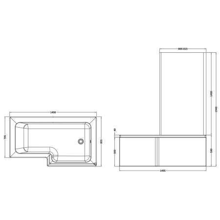 SBATH29 Nuie Square Right Handed 1500 x 850mm Shower Bath Set Line Drawing