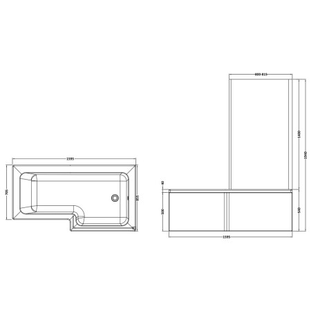 SBATH14 Nuie Square Right Handed 1600mm Shower Bath Set Line Drawing