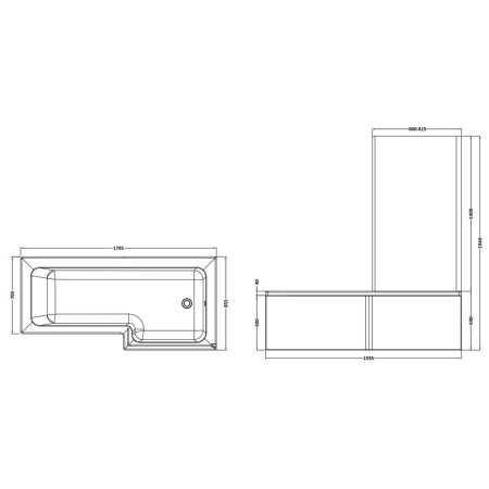 SBATH16 Nuie Square Right Handed 1800mm Shower Bath Set Line Drawing