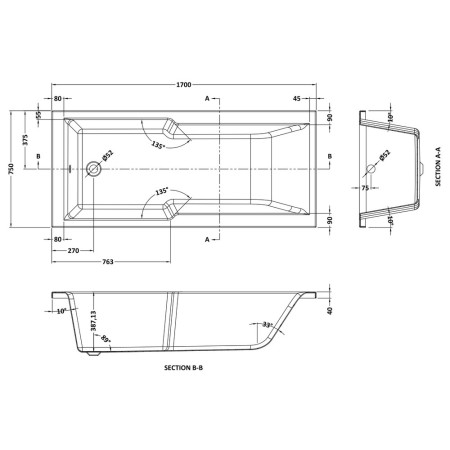 BMON017 Nuie Square Straight 1700 x 750mm Eternalite Shower Bath Line Drawing