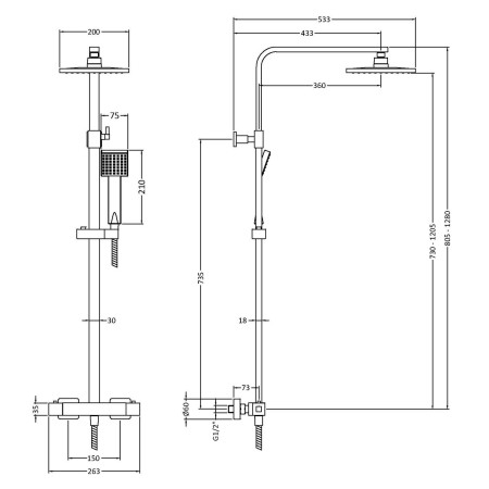 JTY386 Nuie Square Thermostatic Bar Shower with Telescopic Kit Dimensions