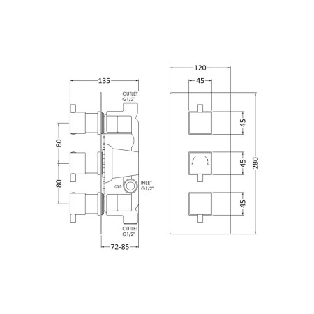 JTY303 Nuie Square Triple Thermostatic Shower Valve Dimensions