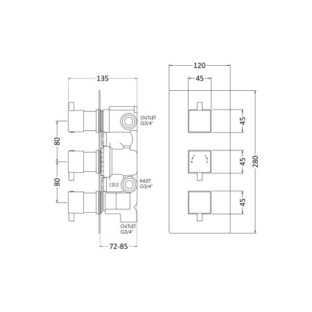 JTY311 Nuie Square Triple Thermostatic Shower Valve with Diverter Line Drawing