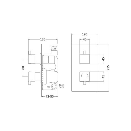 JTY301 Nuie Square Twin Thermostatic Shower Valve Line Drawing