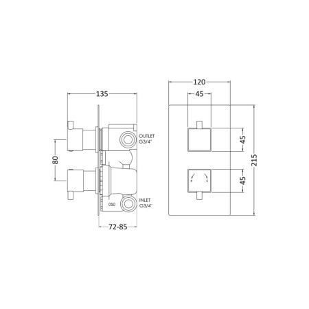 JTY302 Nuie Square Twin Thermostatic Shower Valve with Diverter Line Drawing