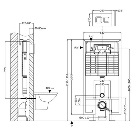 XTY109S Nuie Square White Dual Flush Concealed WC Cistern & Wall Hung Frame (2)