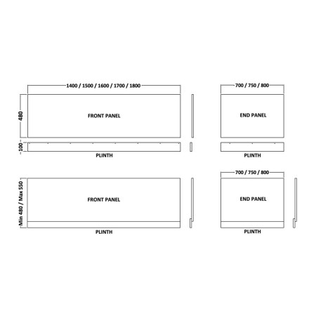 BPR103 Nuie Standard 1600mm Gloss White Front Bath Panel and Plinth Line Drawing