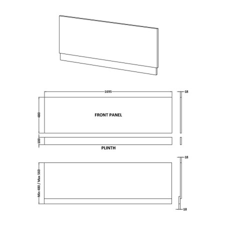 Nuie 1700mm Bath Panel Line Drawing
