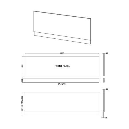 Nuie 1800mm Bath Panel Line Drawing