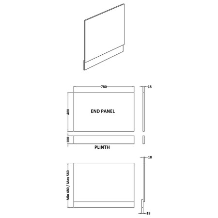 Nuie 800mm Bath Panel Line Drawing