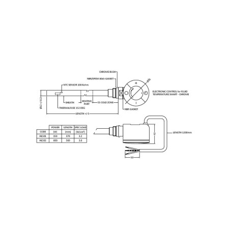 HL501 Nuie Thermostatic Heating Element 300W Line Drawing