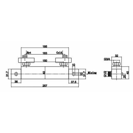 JTY316 Nuie Thermostatic Square Shower Bar Valve in Chrome Line Drawing