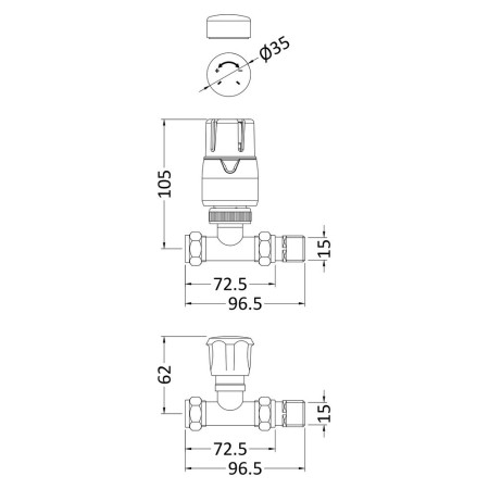 HT325 Nuie Thermostatic Straight Radiator Valves Pack Line Drawing