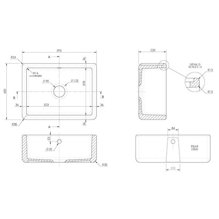 BU17124 Nuie Thick Edged Butler 595 x 450mm White Fireclay Kitchen Sink Line Drawing