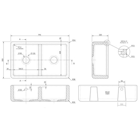 BU171AS32D Nuie Thick Edged Butler 795 x 500mm White Double Kitchen Sink Line Drawing