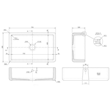 BU17132 Nuie Thick Edged Butler 795 x 500mm White Fireclay Kitchen Sink Line Drawing