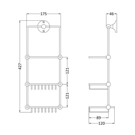 LH316 Nuie Three Tier Chrome Shower Tidy Line Drawing