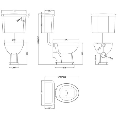 CCT001 Nuie Traditional Carlton Low Level WC and Flush Pipe Kit Line Drawing