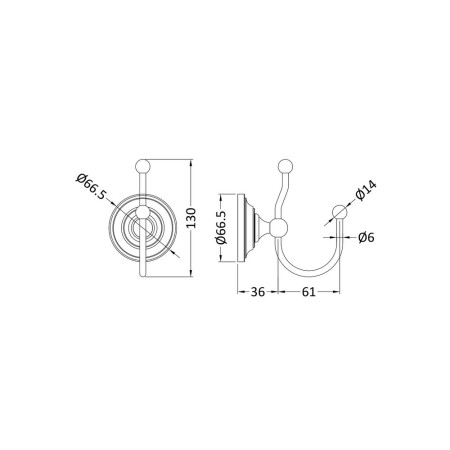 LH311 Nuie Traditional Double Robe Hook Line Drawing