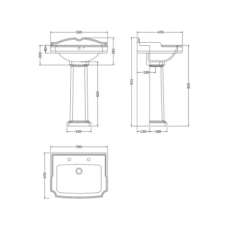 CLG004 Nuie Traditional Legend 590mm 2TH Basin and Pedestal Line Drawing