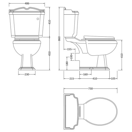 CLG003 Nuie Traditional Legend Close Coupled WC Unit Line Drawing