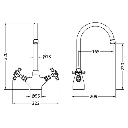 KB803 Nuie Traditional Mono Kitchen Sink Mixer in Brushed Brass Line Drawing