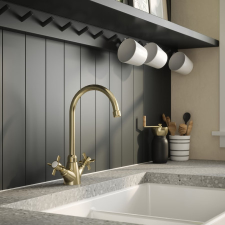 KB803 Nuie Traditional Mono Kitchen Sink Mixer in Brushed Brass Lifestyle
