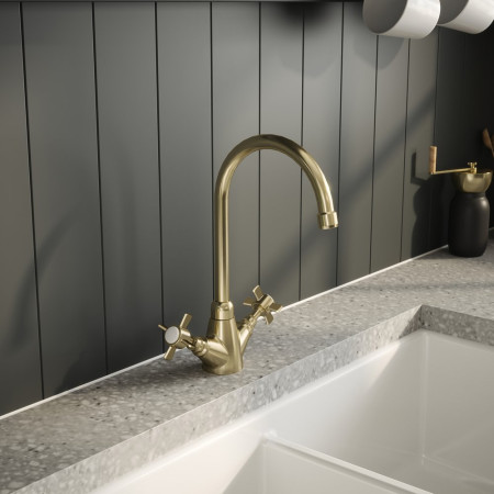 KB803 Nuie Traditional Mono Kitchen Sink Mixer in Brushed Brass Kitchen Setting