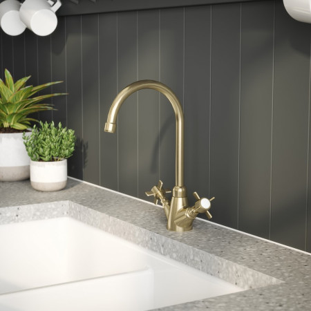 KB803 Nuie Traditional Mono Kitchen Sink Mixer in Brushed Brass Side View