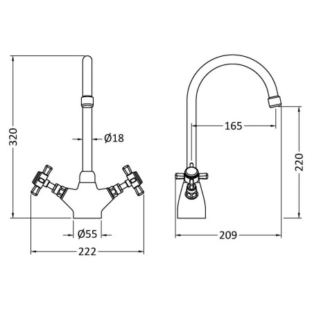 KB603 Nuie Traditional Mono Kitchen Sink Mixer in Brushed Nickel Line Drawing