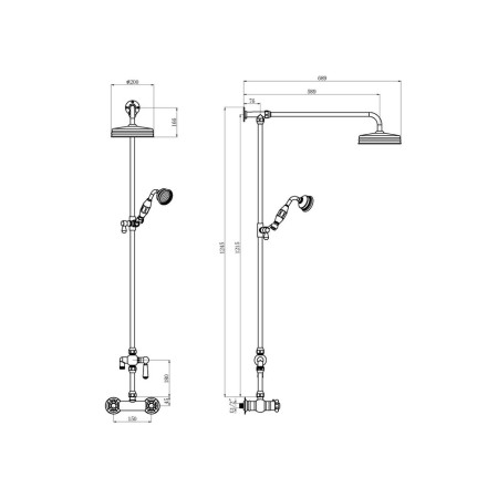 A3117 Nuie Traditional Thermostatic Shower Valve with Handset and Rigid Riser Line Drawing