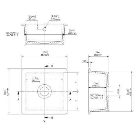 PS40218 Nuie Undermount 457mm Fireclay Matt Black Squared Kitchen Sink Line Drawing