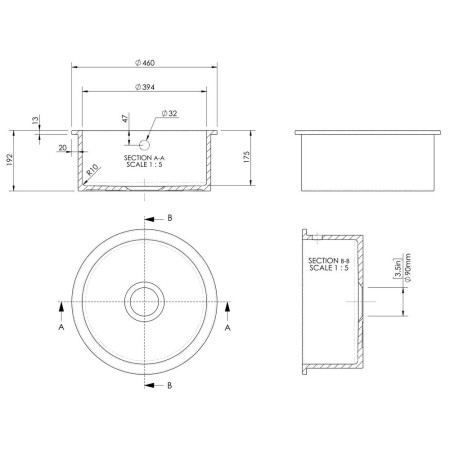 PS48018 Nuie Undermount 460mm Fireclay Matt Black Rounded Kitchen Sink Line Drawing