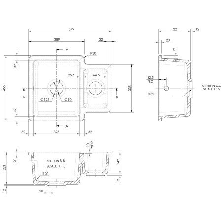 PS130H22C Nuie Undermount 548 x 442mm 1.25 Bowl Fireclay Kitchen Sink Line Drawing