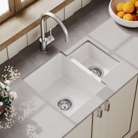 PS130H22C Nuie Undermount 548 x 442mm 1.25 Bowl Fireclay Kitchen Sink with Chrome Mixer Tap