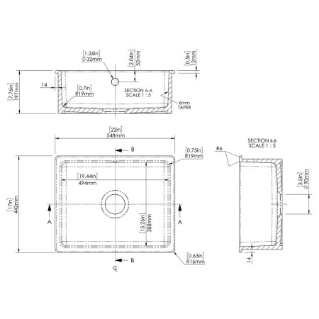 PS43022 Nuie Undermount 548 x 442mm Fireclay Matt Black Kitchen Sink Line Drawing