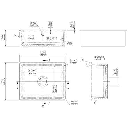 PS13022 Nuie Undermount 548 x 442mm Fireclay White Kitchen Sink Line Drawing